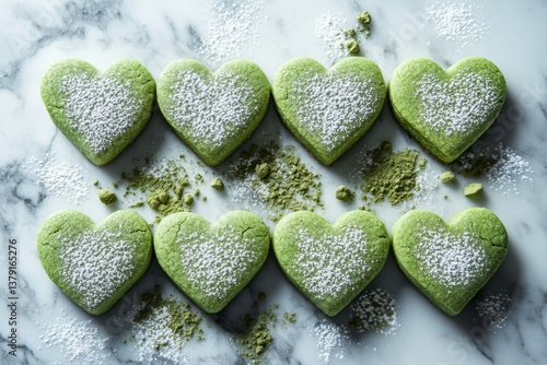 Obraz na płótnie Heart-shaped matcha cookies dusted with powdered sugar on marble surface w salonie