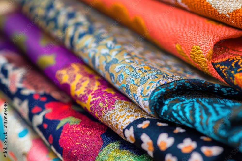 Fototapeta premium Vibrant macro shot of colorful fabric patterns featuring floral and geometric textures with high saturation textile detail