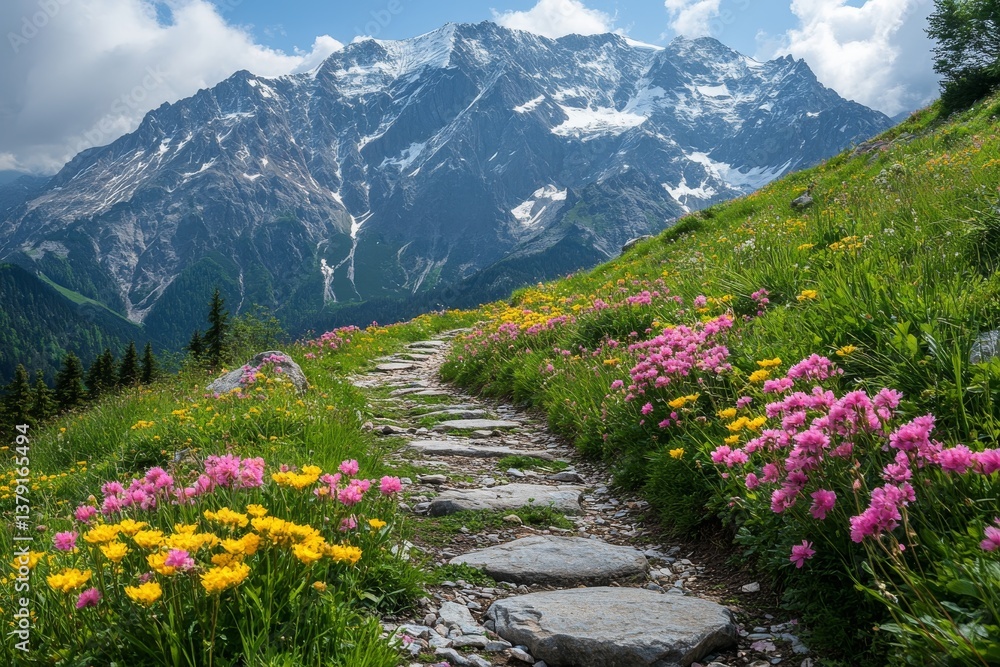 Zigzagging alpine trail across flower-covered meadow with mountain range backdrop