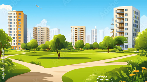 Modern residential complex with green lawns, trees and landscaped territory.