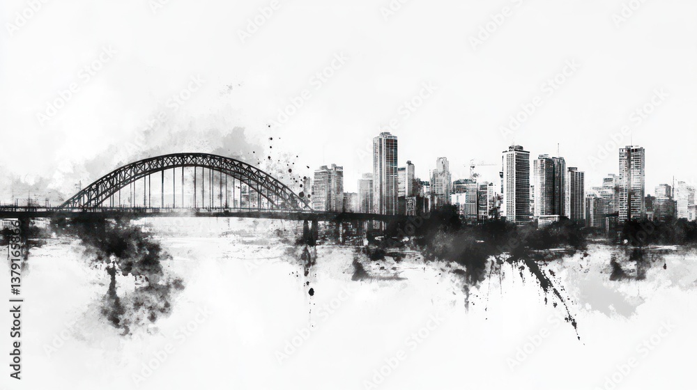Fototapeta premium Sydney's Iconic Skyline: A Monochromatic Watercolor