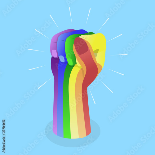 3D Isometric Flat Vector Illustration of LGBT Concept, Rainbow Fist Rased up