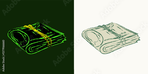 Wad of 100 dollar bills folded in half. Cash money. Outline contour icon. Single isolated object. Grunge style. Neon fluorescent green color. Perspective side view