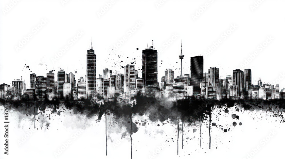 Naklejka premium Black and White Cityscape Skyline Watercolor Art Print