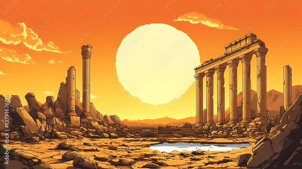 Fototapeta premium Golden Sunset Over Ancient Ruins Pixel Art Landscape with Eroded Columns and a Brilliant Sun in the Orange Sky