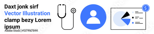 Stethoscope, user icon, and chart with financial elements convey themes of healthcare, diagnostics, user profile, data analytics, medical finance, patient care collaboration. Ideal for simple