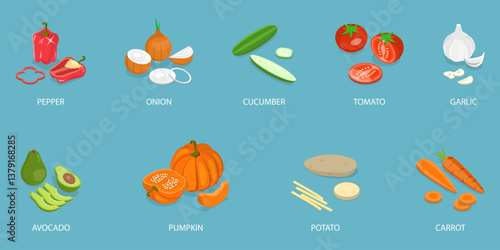 3D Isometric Flat Vector Set of Fresh Sliced Vegetables, Healthy Food