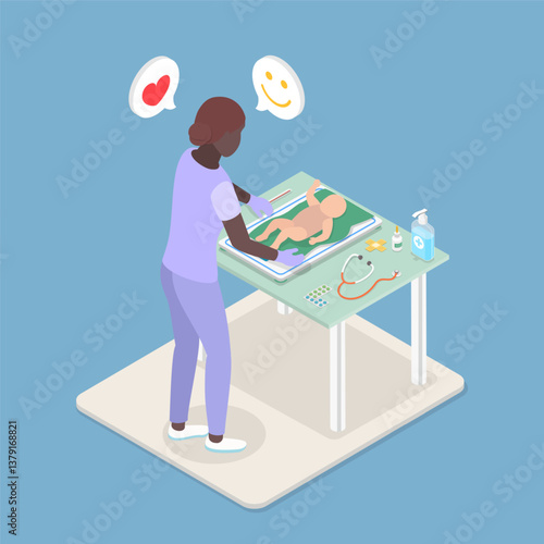 3D Isometric Flat Vector Illustration of Medical Checkup For Infant, Nurse Childcare for Premature Newborn Babies