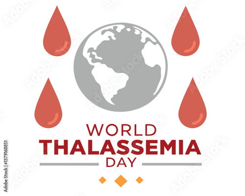 World Thalassemia Day: global awareness with blood drops over the world map.