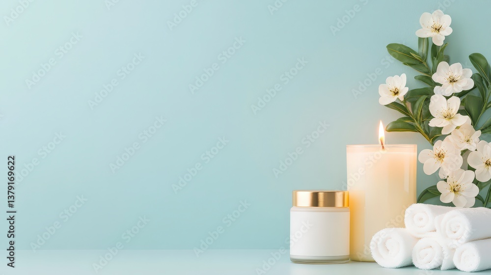 Serene spa setting with candles, cream, rolled towels, and flowers against a soft blue background. Serene spa setting with candles, cream, rolled towels, and flowers against a soft blue background.