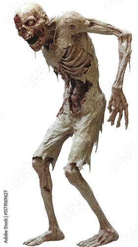 Undead Horror: A grotesque zombie stands with tattered clothes, featuring decaying flesh, vacant eyes, and an eerie presence