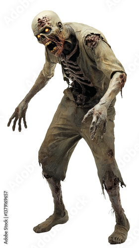 Undead Horror: A terrifying zombie, emanating an aura of dread, advances with outstretched hands, its gruesome appearance immediately captivates viewers