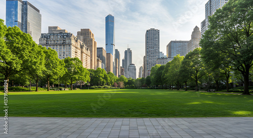 Fototapeta Naklejka Na Ścianę i Meble -  Serene Cityscape: Lush Green Park & Modern Skyscrapers, NYC Oasis, Urban Landscape, Scenic View