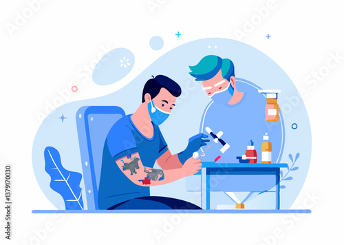 Tattoo artist at work image. Cartoon style. Vector illustration.