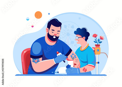 Tattoo artist at work image. Cartoon style. Vector illustration.