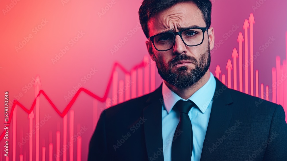 Declining Global Sales, Concerned businessman analyzing declining global sales trends in a modern office setting Declining Global Sales, Concerned businessman analyzing declining global sales trends in a modern office setting