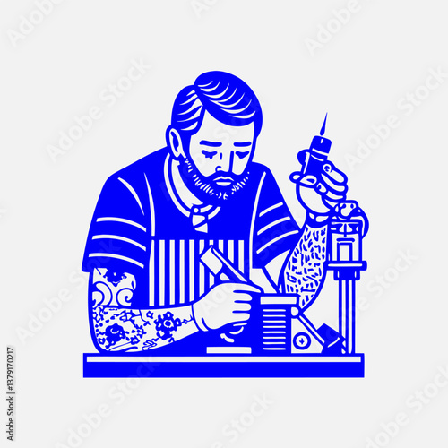 Tattoo artist at work image. Simple flat vector illustration.