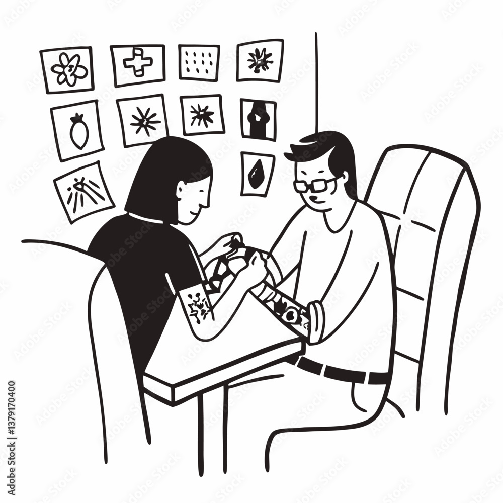 Tattoo artist at work outline simple image. Flat style. Vector illustration. Tattoo artist at work outline simple image. Flat style. Vector illustration.