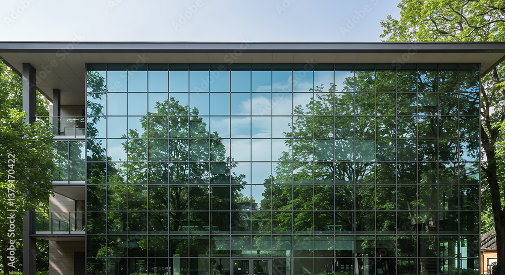 Obraz premium Modern Architecture: Green Reflections on Glass Building Facade | Urban Design & Nature Blend