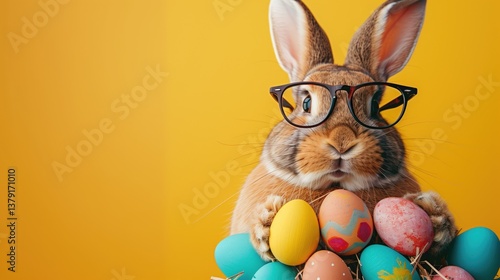 Easter bunny before a orange solid colored background with easter eggs in his hand.