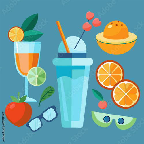 Ingredients and tools for making a cocktails image. Cartoon style. Vector illustration.