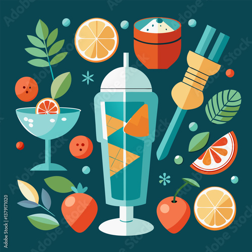 Ingredients and tools for making a cocktails image. Cartoon style. Vector illustration.
