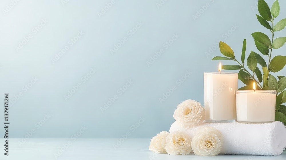 Serene arrangement of candles and roses against a soft blue background, perfect for relaxation and ambiance. Serene arrangement of candles and roses against a soft blue background, perfect for relaxation and ambiance.