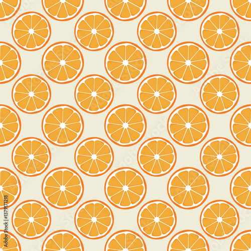 Orange fruits slice seamless pattern on white background. Citrus fruits vector illustration.
