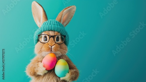 Easter bunny before a teal solid colored background with easter eggs in his hand.