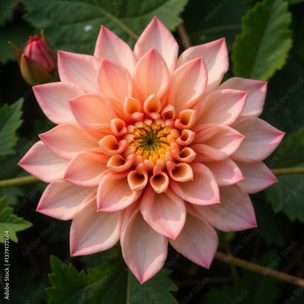 Fototapeta premium Beautiful pink water lily blossom surrounded by green leaves 