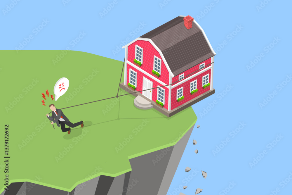 Obraz premium 3D Isometric Flat Vector Illustration of Difficulty Paying Mortgage, Mortgage Sebt, Housing Obligations