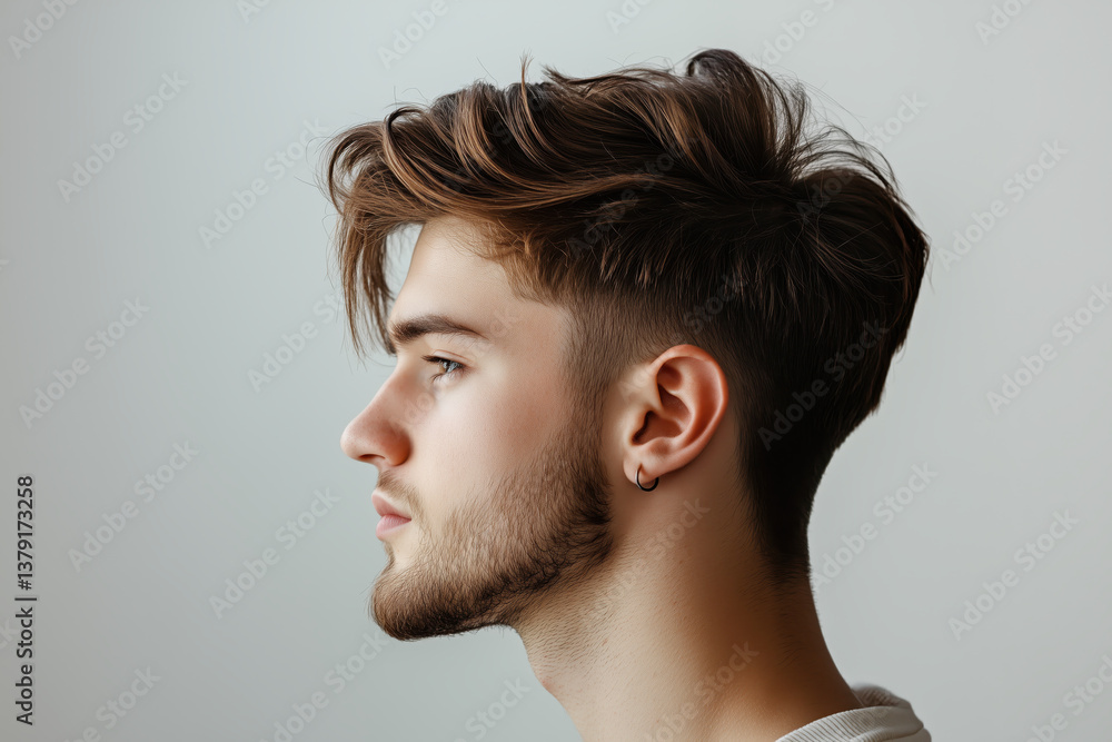 Fototapeta premium Male profile with modern hairstyle on light background