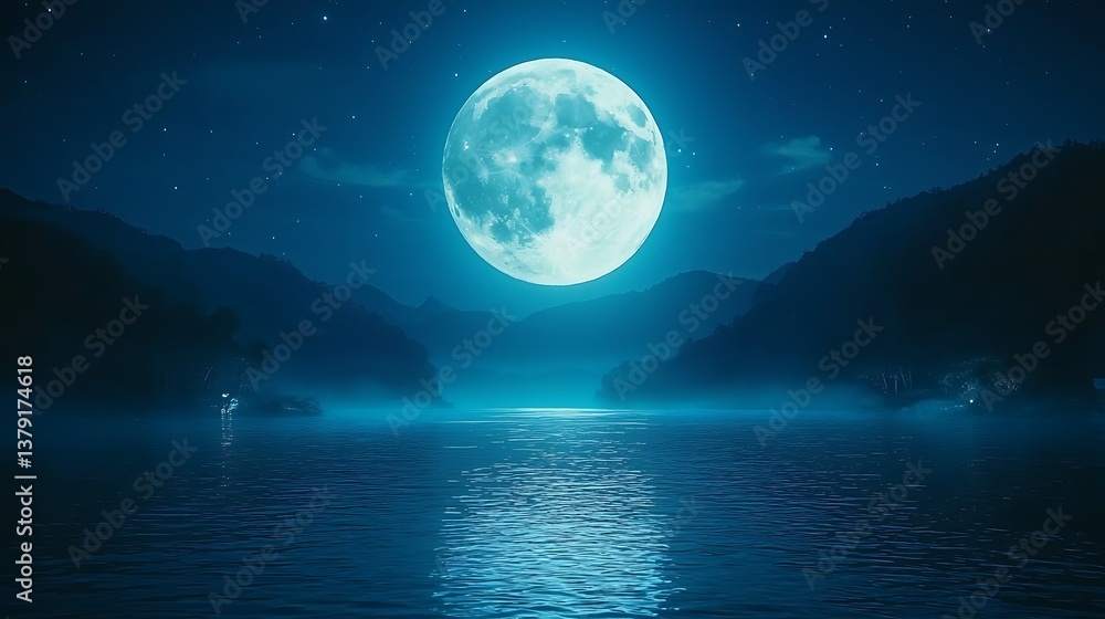 Fototapeta premium Full Moon over Calm Water Night Landscape