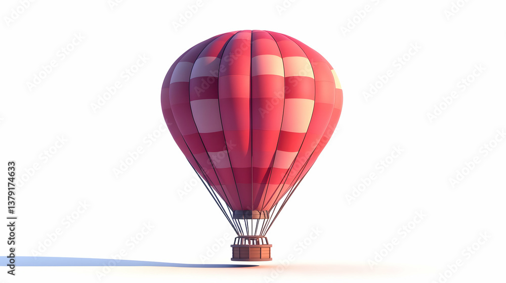 Naklejka premium Pink and White Patterned Hot Air Balloon Flying Recreationally with a Wicker Basket Under Sunny Lighting on White Background