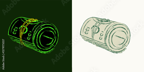 Rolled up 100 dollar bills. Cash money. Outline contour icon. Single isolated object. Grunge style. Neon fluorescent green color. Perspective side view
