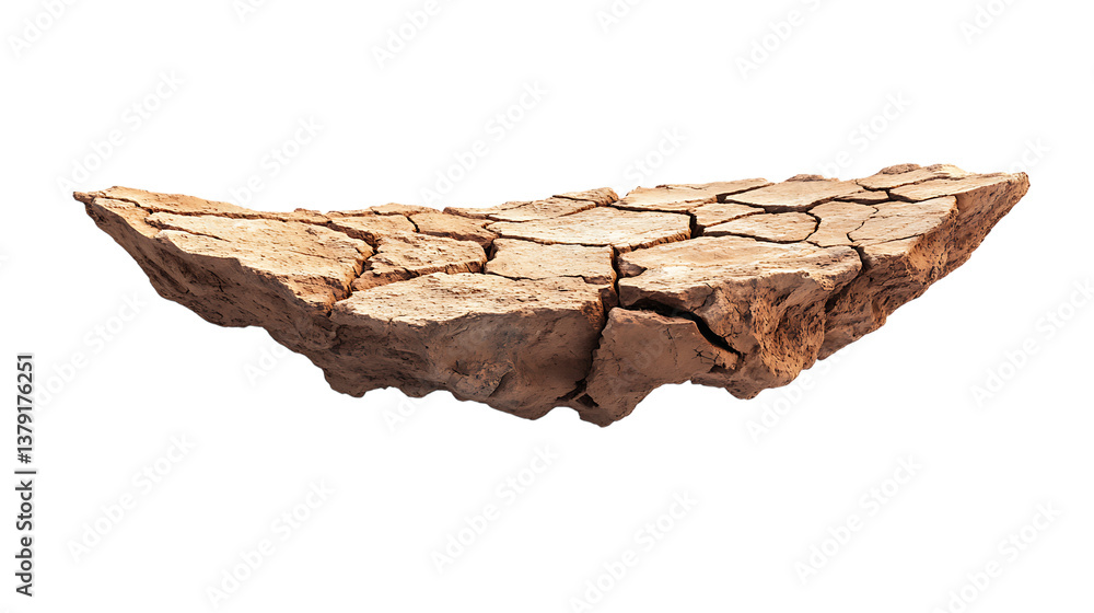 Floating cracked earth piece isolated on white. Abstract concept for environmental themes, desert landscape, and climate issues. Floating cracked earth piece isolated on white. Abstract concept for environmental themes, desert landscape, and climate issues.