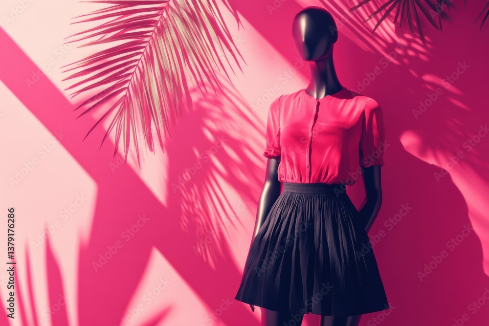 Fototapeta premium Mannequin showcasing summer fashion in a vibrant pink room with abstract decor and pronounced shadows