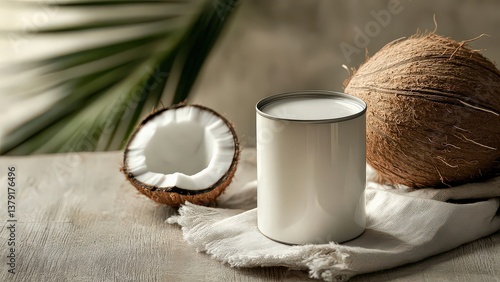 Coconut and Coconut Milk Can on a Rustic Table Setting