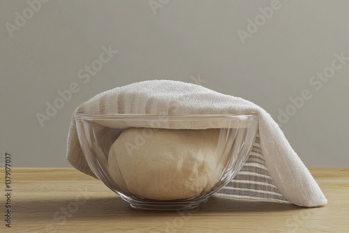 Freshly made dough rising gently in a glass bowl, covered with a cloth to keep warm