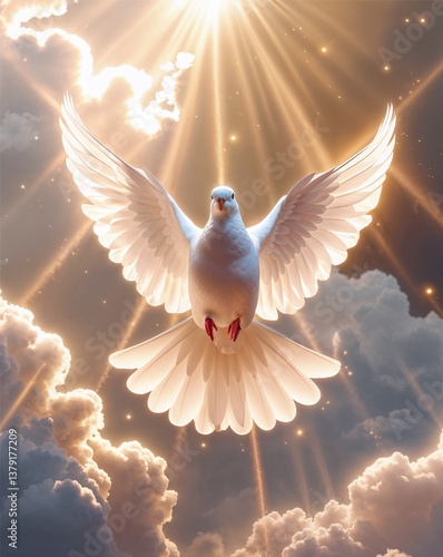 A white dove with its wings fully extended, illuminated by golden rays, symbolizing peace, purity, and spirituality. Pentecost, the descent of the Holy Spirit.