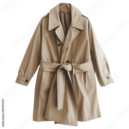 Beige Trench Coat: A stylish beige trench coat with a self-tie belt, double-breasted closure, and contrasting dark trim. Perfect for layering in cooler weather. 
