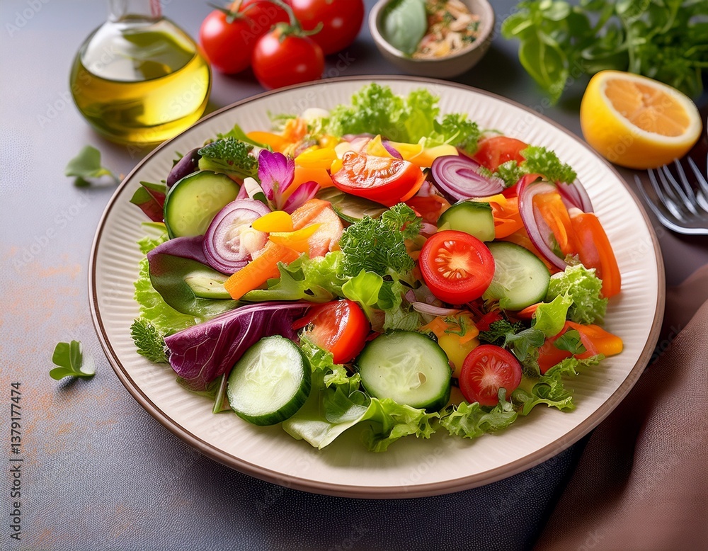 Healthy salad with fresh vegetables, on a plate, clean eating, vibrant colors.age Healthy salad with fresh vegetables, on a plate, clean eating, vibrant colors.age