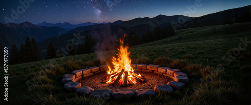 Bonfire ritual in stone circle under starry sky, peaceful gathering