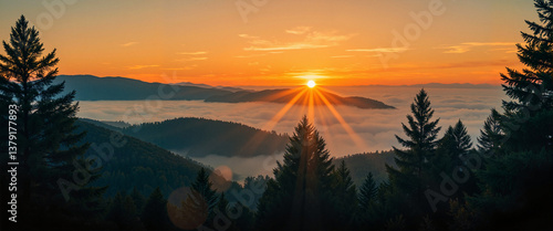 Fotografie Enchanting sunrise over mountainous forest, nature's awakening