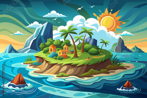 vector of An island in the Pacific faces growing environmental challenges due to rising temperatures and changing weather patterns