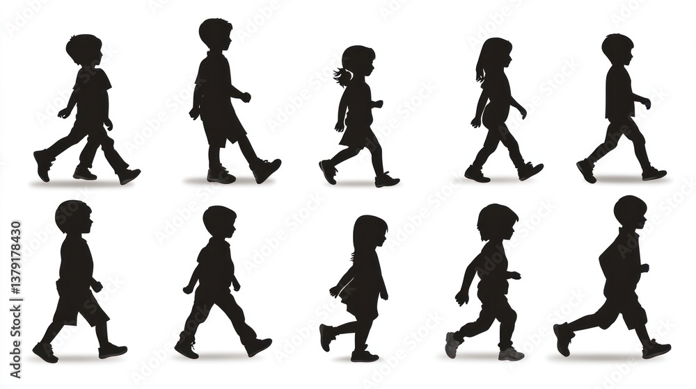 Fototapeta premium Ten Silhouettes of Children Walking: A Collection of Black and White Child Silhouettes