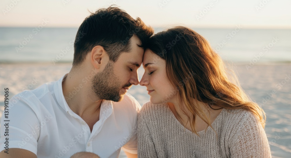 Young caucasian couple embracing on beach at sunset Young caucasian couple embracing on beach at sunset