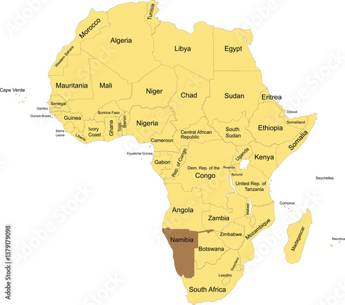 Detailed national location map of NAMIBIA within the great continent of Africa