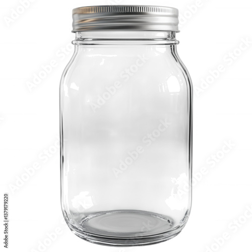 Empty Glass Jar with Silver Lid: A clear, empty glass jar with a silver metal lid, perfect for preserving food, storing dry goods, or crafting. 
