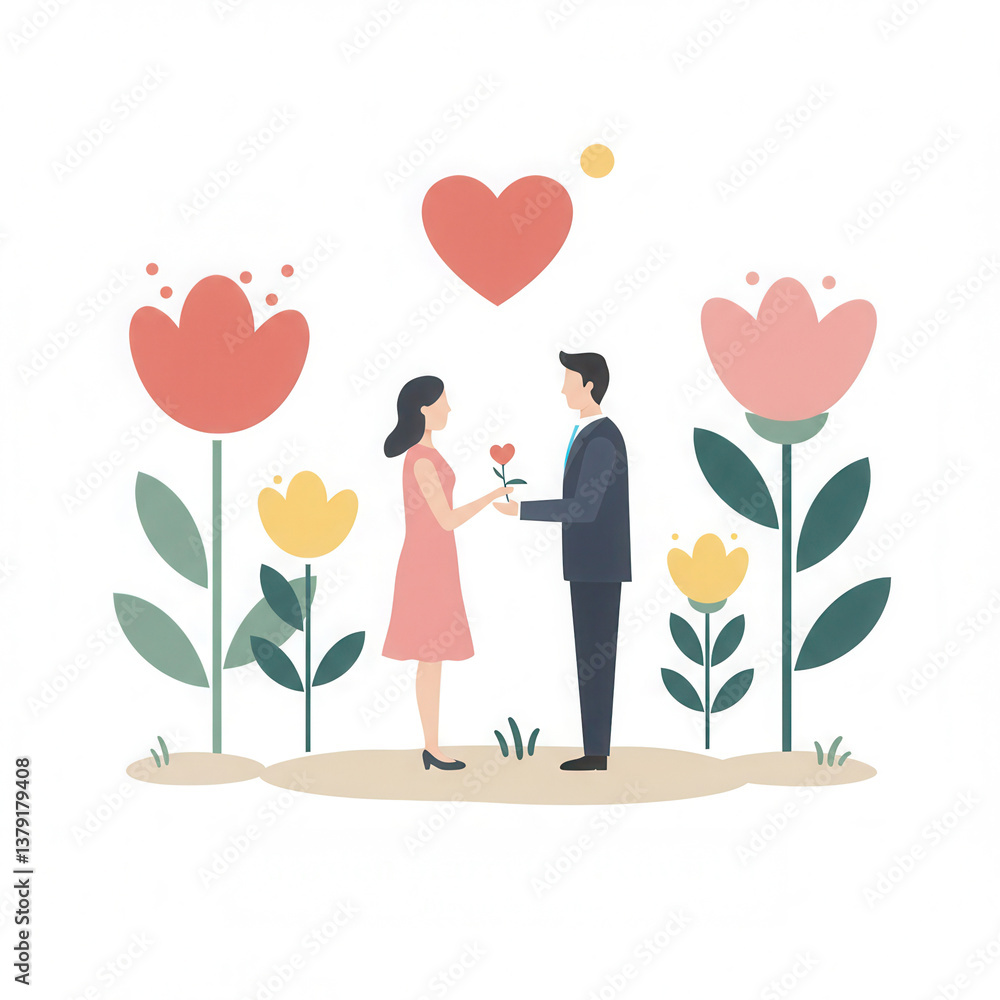 Romantic couple sharing a flower in garden setting for valentine's day design Romantic couple sharing a flower in garden setting for valentine's day design